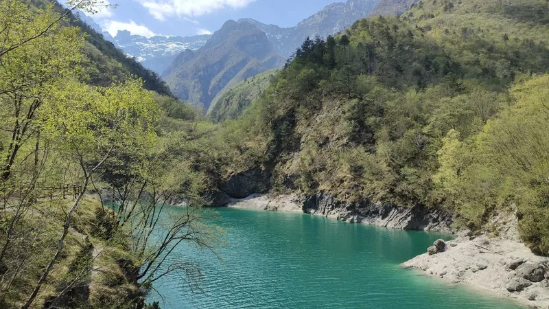 Il Lago del Mis con la sua insenatura turchese incorniciata dalle montagne dolomitiche